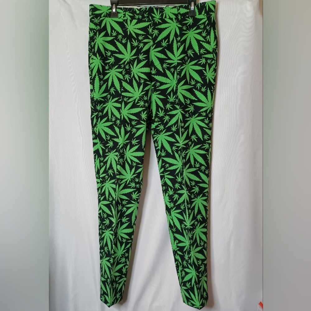 OPPOSUITS Men's Black Pants With Green Cannabis Leaf Print. 35